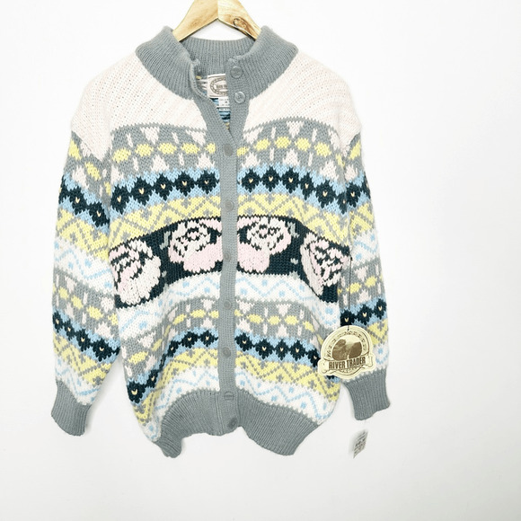Vintage 90s Pastel Floral Rose Cardigan chunky knit oversized womens M NWT - Picture 2 of 9